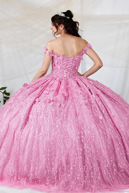 Back view of a dusty rose quinceanera dress with lace-up corset, 3D floral appliques and glitter tulle skirt