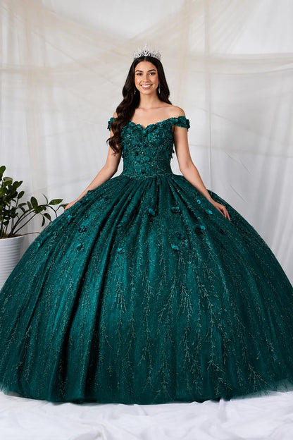 Front view of a green quinceanera dress with 3D floral appliques, glittered fabric, and detachable sheer flowing cape