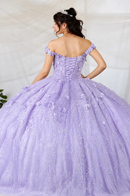 Back view of a lilac quinceanera dress with lace-up corset, 3D floral appliques and glitter tulle skirt