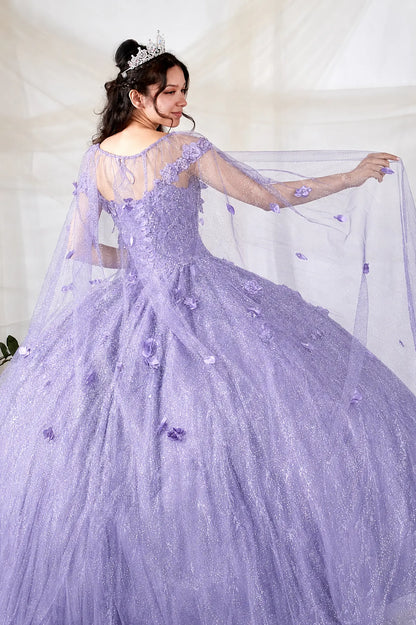 Back view of lilac quinceanera dress showing detachable sheer cape with 3D floral appliques