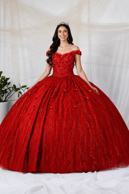 Front view of a red quinceanera dress with 3D floral appliques, glittered fabric, and detachable sheer flowing cape
