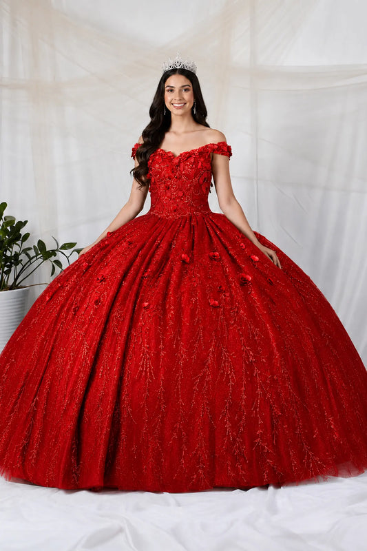 Front view of a red quinceanera dress with 3D floral appliques, glittered fabric, and detachable sheer flowing cape