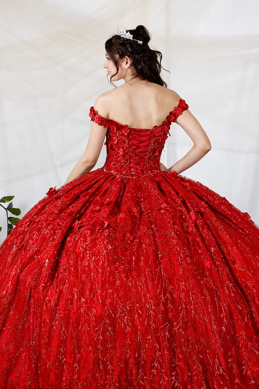 Back view of a red quinceanera dress with lace-up corset, 3D floral appliques and glitter tulle skirt