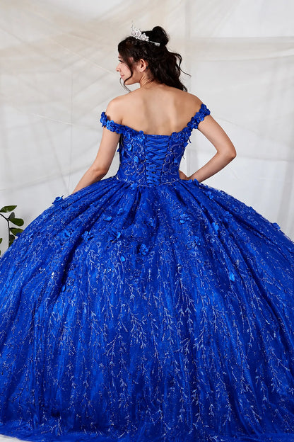 Back view of a royal blue quinceanera dress with lace-up corset, 3D floral appliques and glitter tulle skirt
