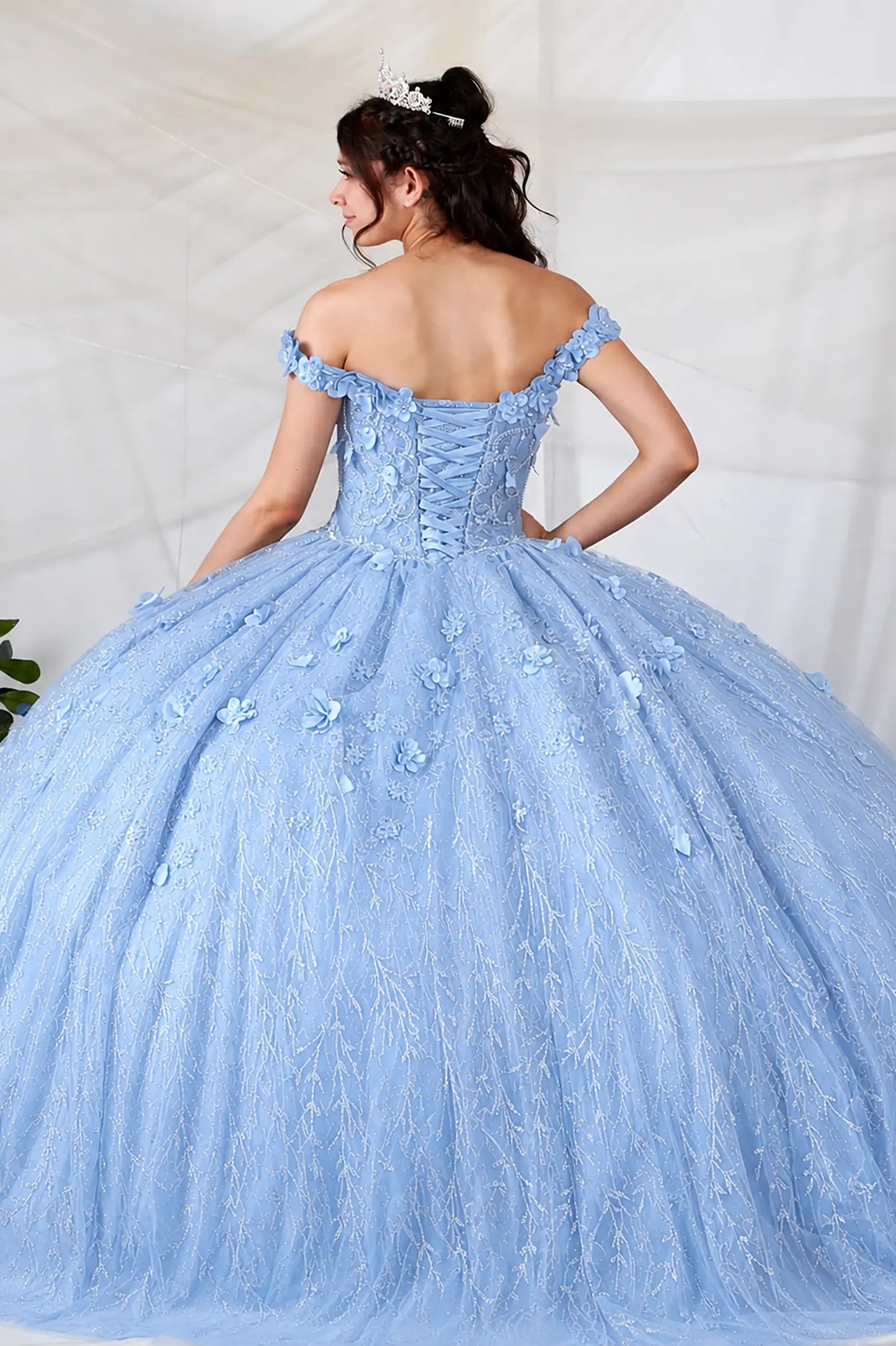 Back view of a sky blue quinceanera dress with lace-up corset, 3D floral appliques and glitter tulle skirt