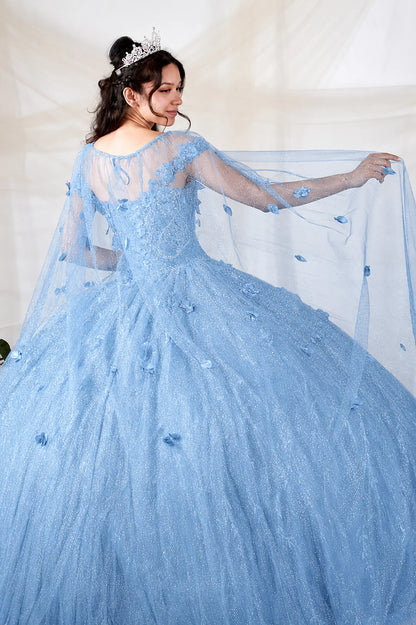 Back view of sky blue quinceanera dress showing detachable sheer cape with 3D floral appliques