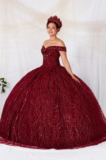 Burgundy quinceanera ball gown with off-shoulder neckline glittering sequins 