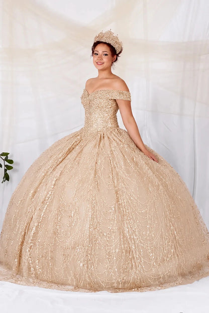 Champagne and gold quinceanera dress with off the shoulder design