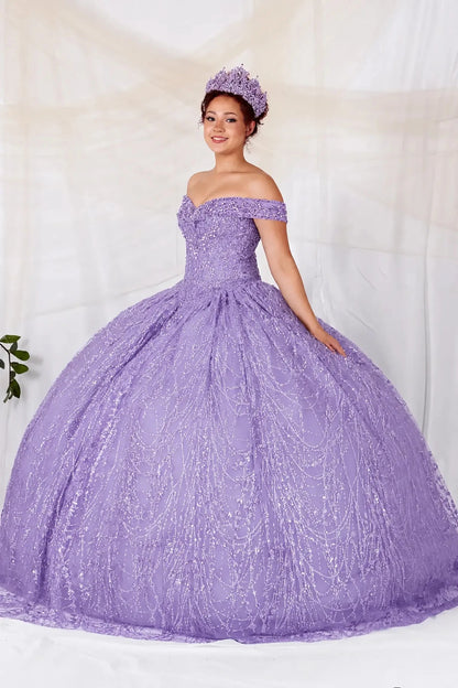 woman wearing Lilac ball gown with off-shoulder neckline sparkling sequins and flowing skirt