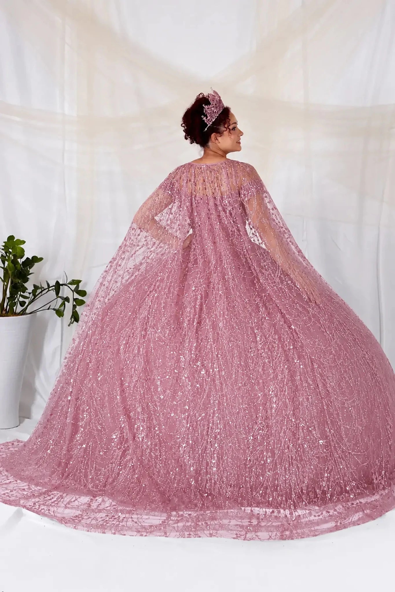 Rosd gold sequin quinceanera dress with matching cape