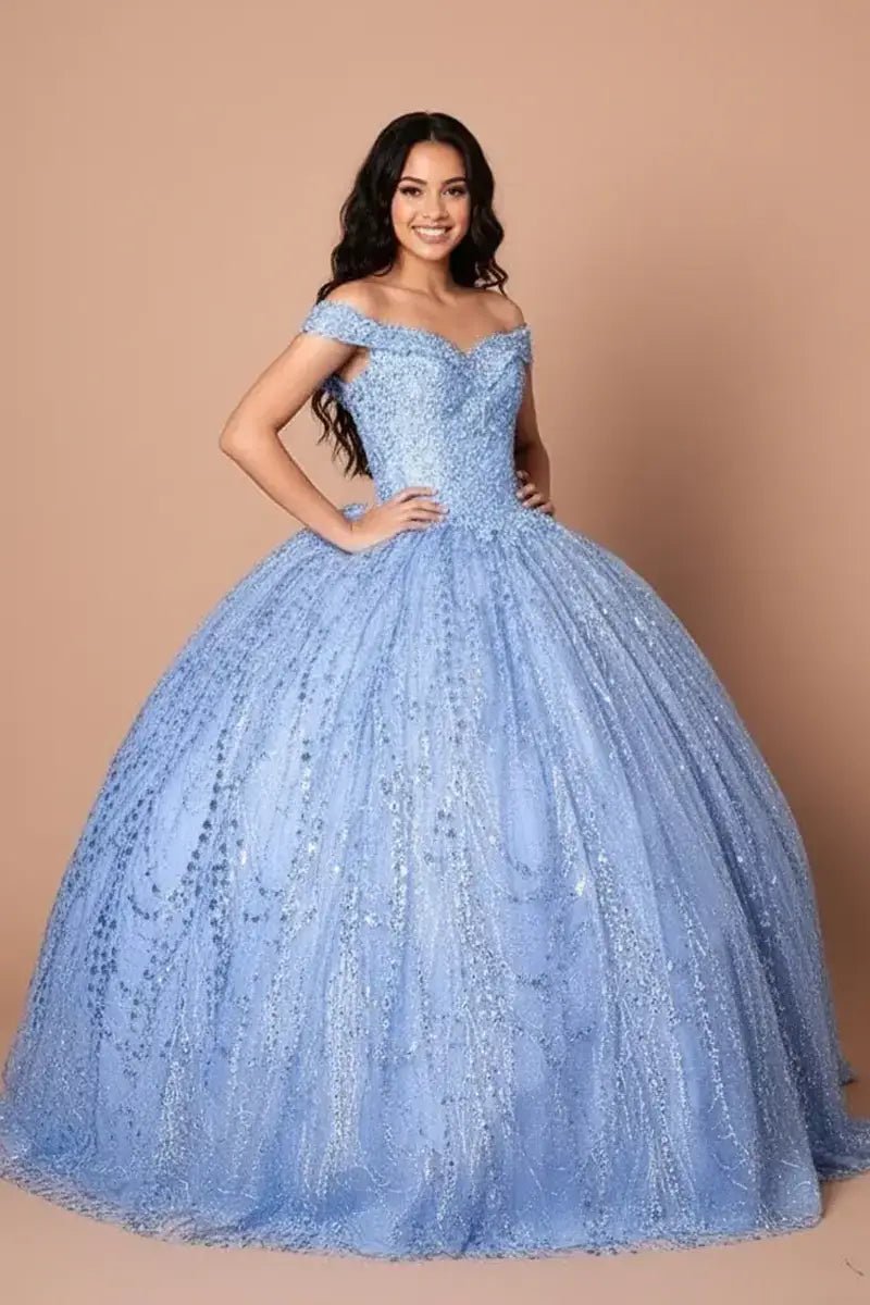 Front-Facing of a woman wearing Dusty blue ball gown with off-shoulder neckline sequin embellishments and flowing skirt paired with cape