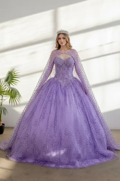 Front-Facing of a woman wearing Lilac ball gown with off-shoulder neckline sparkling sequins and flowing skirt complemented by a soft cape