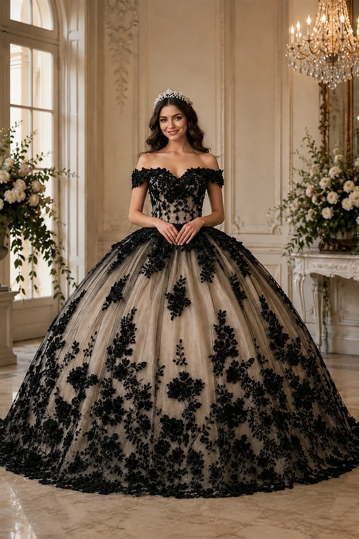 Detailed view highlights voluminous off-the-shoulder quince ball Black gown.