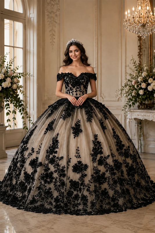 Detailed view highlights voluminous off-the-shoulder quince ball Black gown.