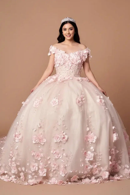 Front-Facing of a woman wearing Blush pink ball gown with off-shoulder neckline intricate 3D floral appliqués and flowing long train