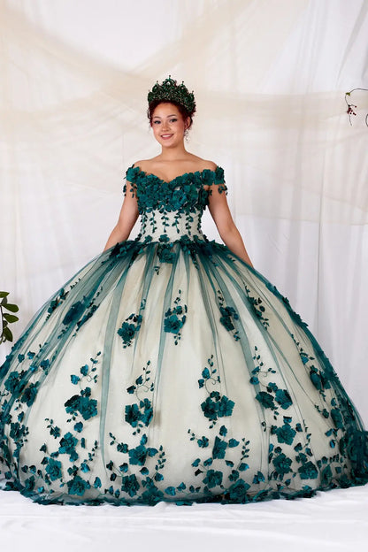Front-Facing of a woman wearing Emerald green ball gown with off-shoulder neckline 3D floral appliqués and extended train for dramatic effect