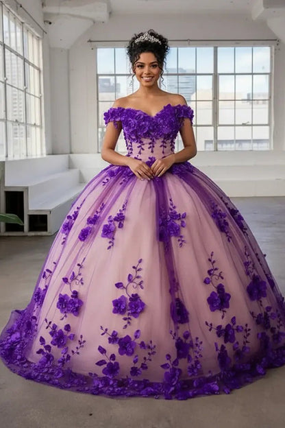 Front-Facing of a woman wearing Purple ball gown with off-shoulder neckline detailed 3D floral appliqués and extended train design