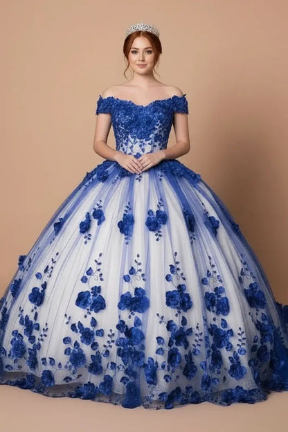 Front-Facing of a woman wearing Royal blue ball gown with off-shoulder neckline intricate 3D floral appliqués and flowing long train