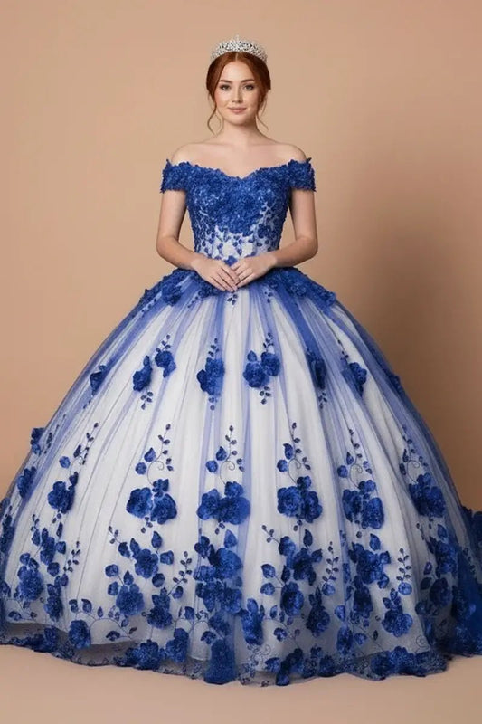 Front-Facing of a woman wearing Royal blue ball gown with off-shoulder neckline intricate 3D floral appliqués and flowing long train