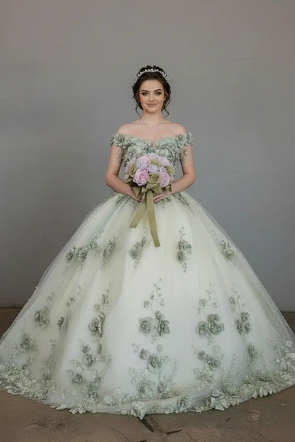 Front-Facing of a woman wearing Sage green ball gown with off-shoulder neckline intricate 3D floral appliqués and flowing long train