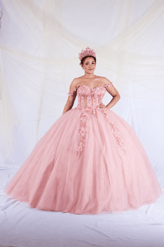 Bubble Pink quinceañera dress showcases detachable sheer cape sleeves above floral appliqué corset bodice.
