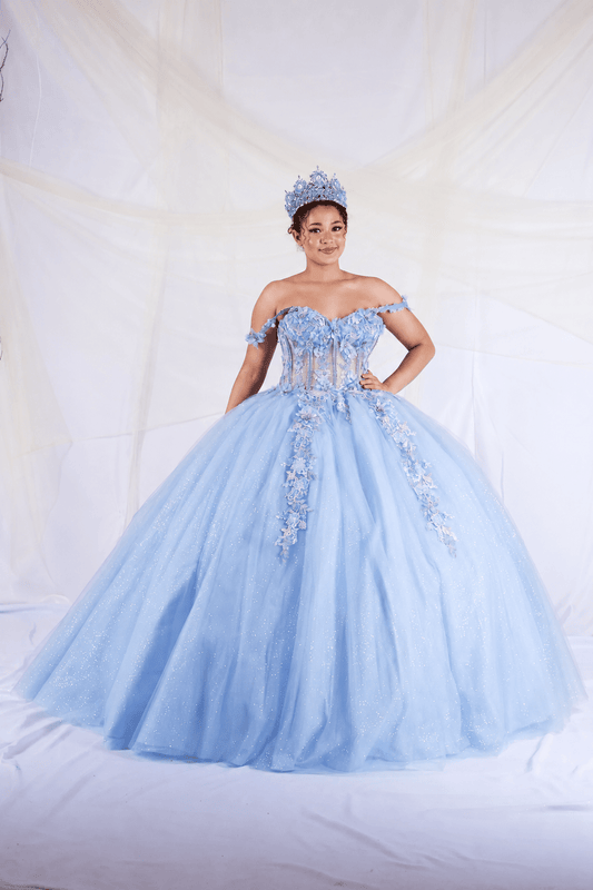Light Blue quinceañera dress showcases detachable sheer cape sleeves above floral appliqué corset bodice.