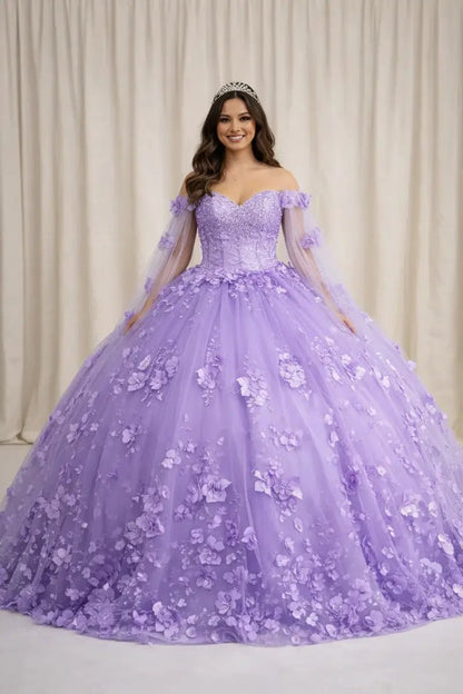 Front-Facing of a woman wearing Lilac ball gown with two-tone design floral embellishment and removable shoulder cape over a full skirt