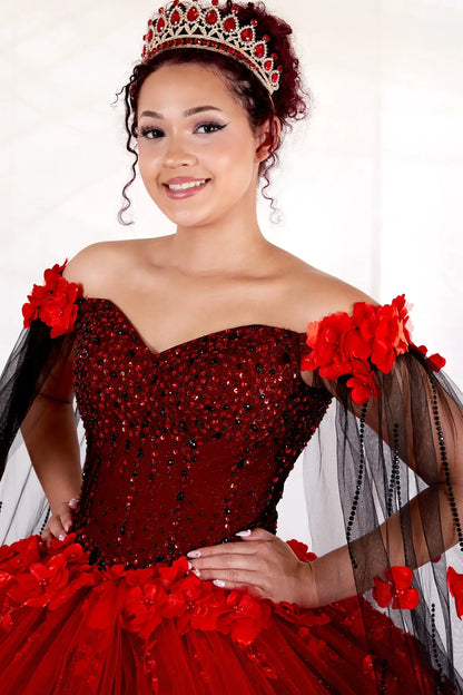 Front Close-Up of a woman wearing red black bodice highlighting floral details two-tone fabric and structured form