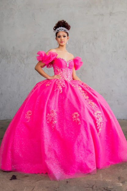 fuchsia hot pink quinceañera ball gown with off-the-shoulder ruffled sleeves, floral embroidery, and a sparkling bodice
