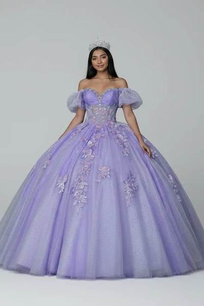 Front-Facing of a woman wearing Lilac ball gown with beaded embroidered bodice removable off-shoulder ruffle sleeves and glitter tulle skirt with matching cape