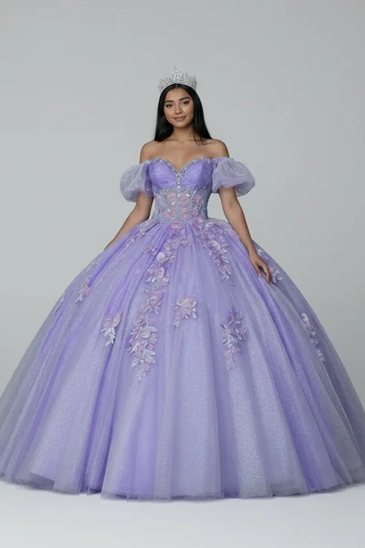 Front-Facing of a woman wearing Lilac ball gown with beaded embroidered bodice removable off-shoulder ruffle sleeves and glitter tulle skirt with matching cape