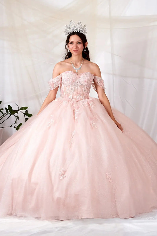 Front-Facing of a woman wearing Blush pink ball gown with sheer bodice 3D butterfly accents and glitter tulle skirt