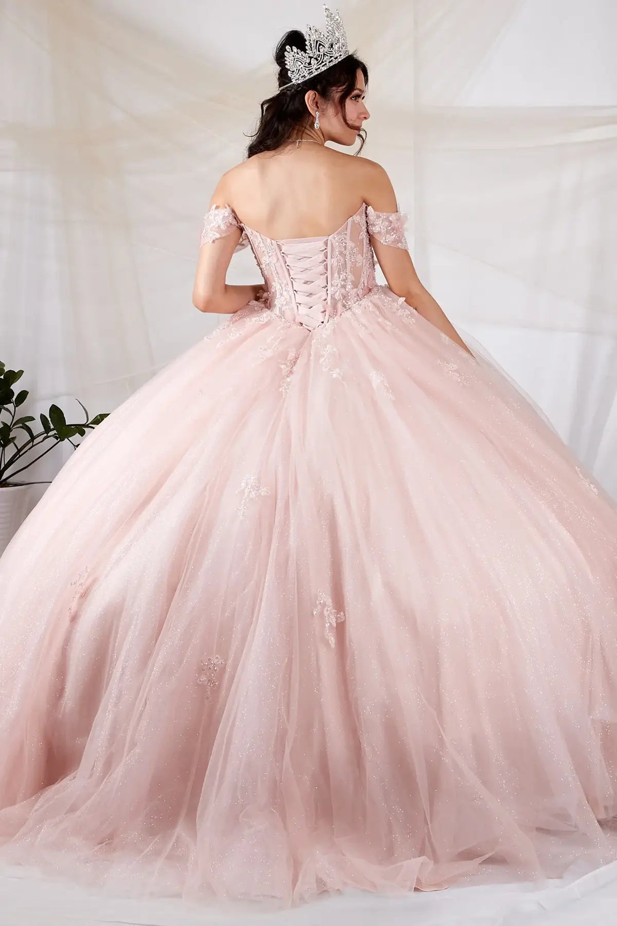 Back-Facing of a woman wearing Blush formal gown featuring structured back flowing glitter skirt and soft silhouette