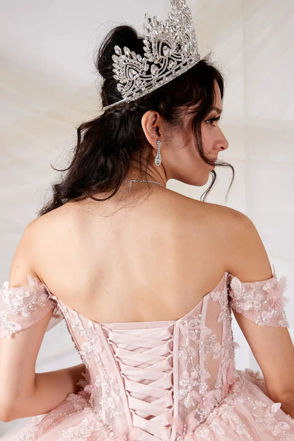 Back Close-Up of a woman wearing Back detail of blush gown showing smooth finish glitter tulle and stitching
