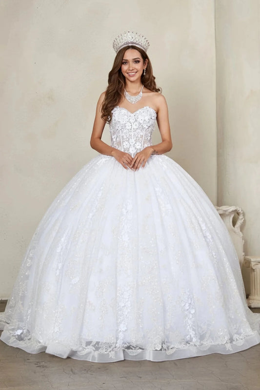 White quinceañera dress showcases butterfly sequins and 3d floral details above glittering tulle ball gown skirt.