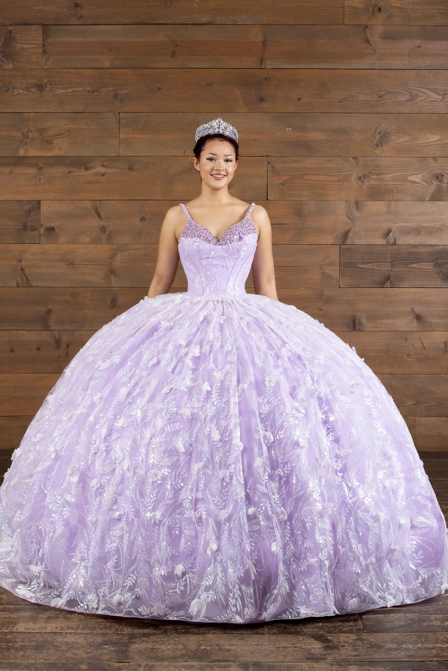 lilac quinceañera ball gown with silver floral embroidery and rhinestones