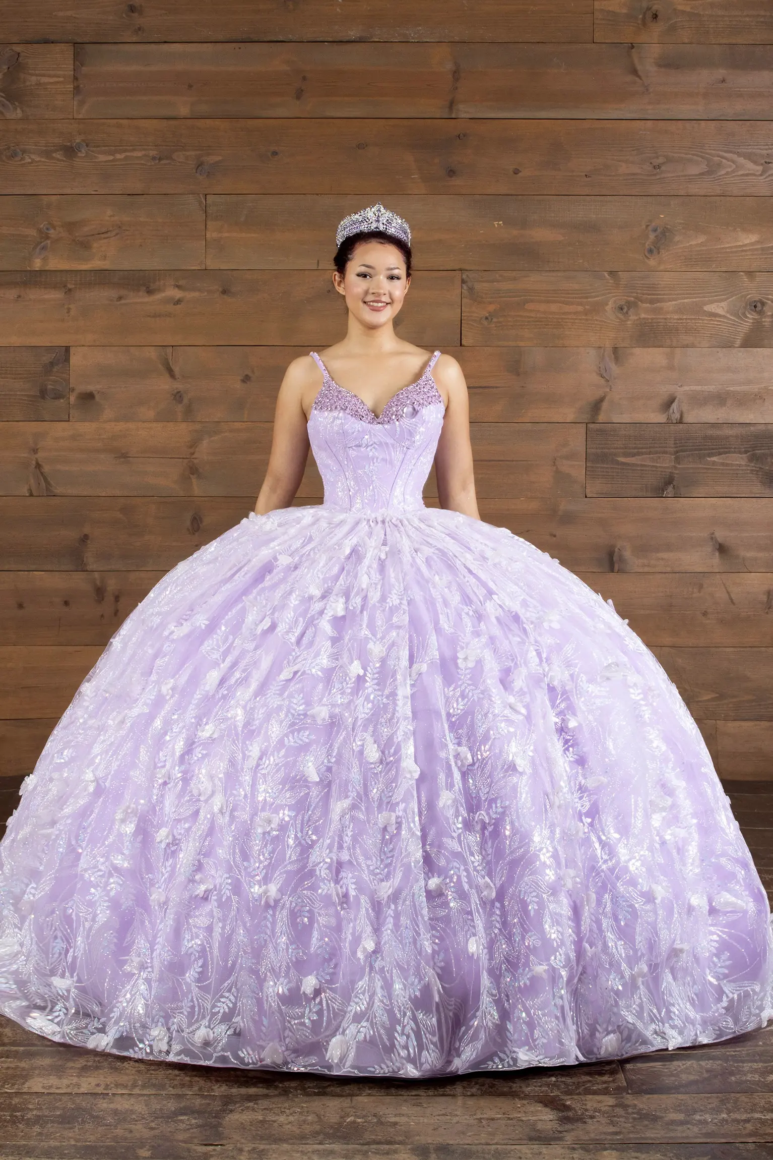 lilac quinceañera ball gown with silver floral embroidery and rhinestones