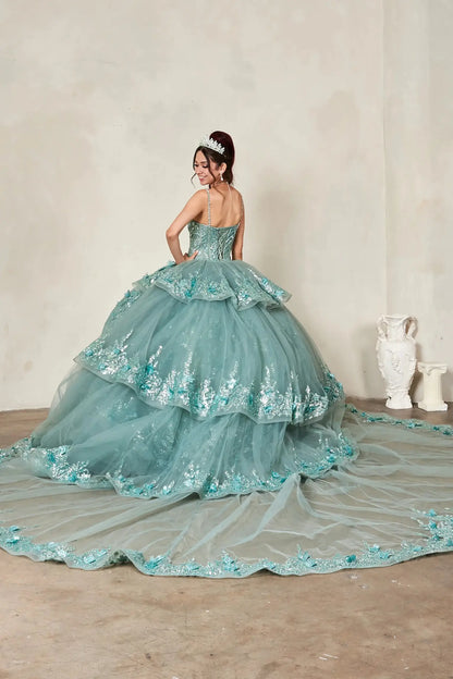 mint green quinceañera ball gown with intricate floral lace appliques and a long matching train