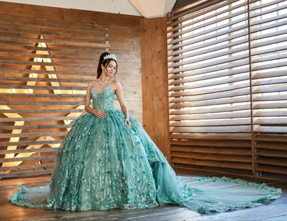 Front view of a woman wearing a sage quinceañera dress with sparkling glitter material and crystal accents
