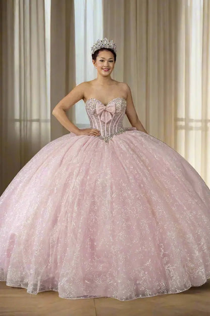 Front-Facing of a woman wearing Bubble pink strapless ball gown with sweetheart neckline beaded bodice floral appliqués and glitter tulle skirt