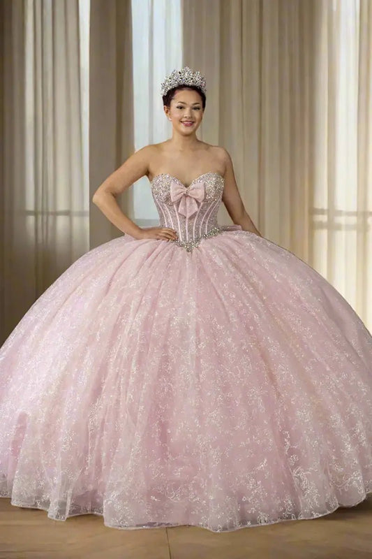 Front-Facing of a woman wearing Bubble pink strapless ball gown with sweetheart neckline beaded bodice floral appliqués and glitter tulle skirt