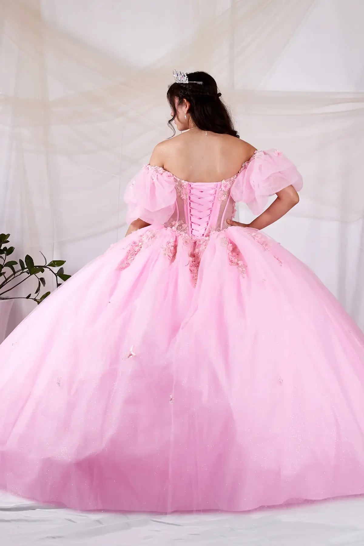 Back-Facing of a woman wearing Blush formal gown featuring structured back layered lace skirt and flowing silhouette