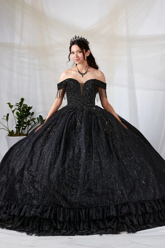 Front-Facing of a woman wearing Black ball gown with off-shoulder bodice rhinestone beaded embroidery and tiered ruffle glitter tulle skirt