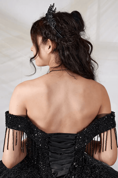 Back Close-Up of a woman wearing Back detail of black gown showing layered ruffles glitter tulle and stitching