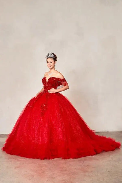 Front-Facing of a woman wearing Red ball gown with off-shoulder bodice rhinestone beaded embroidery and tiered ruffle glitter tulle skirt