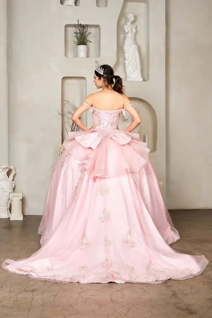 Back-Facing of a woman wearing Blush formal gown featuring bow detail trailing skirt and soft silhouette