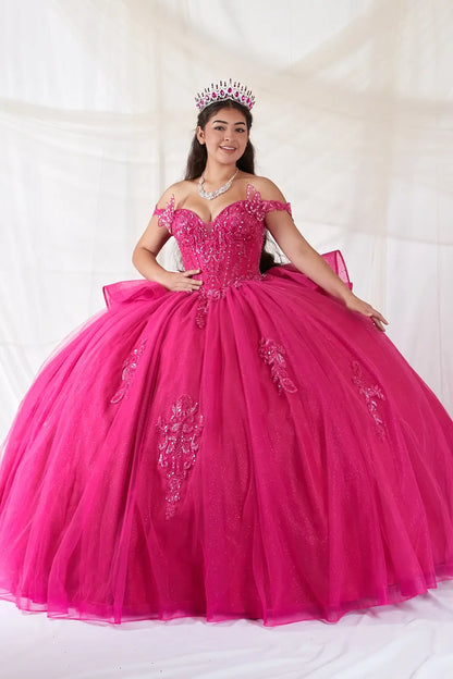 Front-Facing of a woman wearing Fuchsia ball gown with off-shoulder 3D butterfly design sweetheart neckline embroidered bodice and glitter tulle skirt