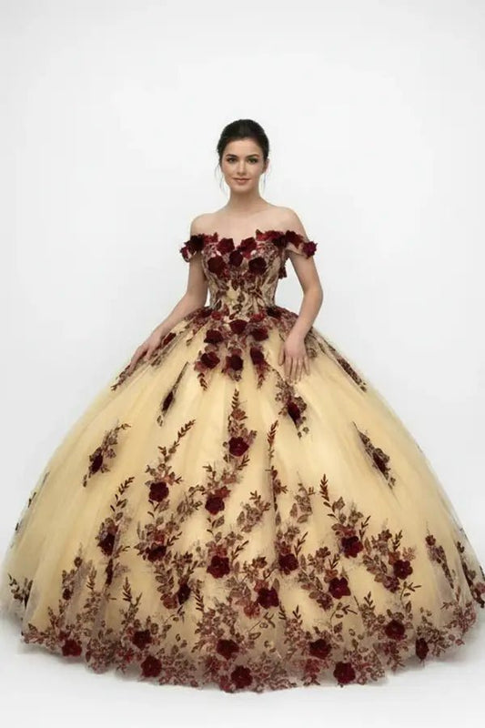 Front-Facing of a woman wearing Champagne and navy ball gown with two-tone design off-shoulder floral bodice and intricate 3D flower appliqués over a voluminous skirt