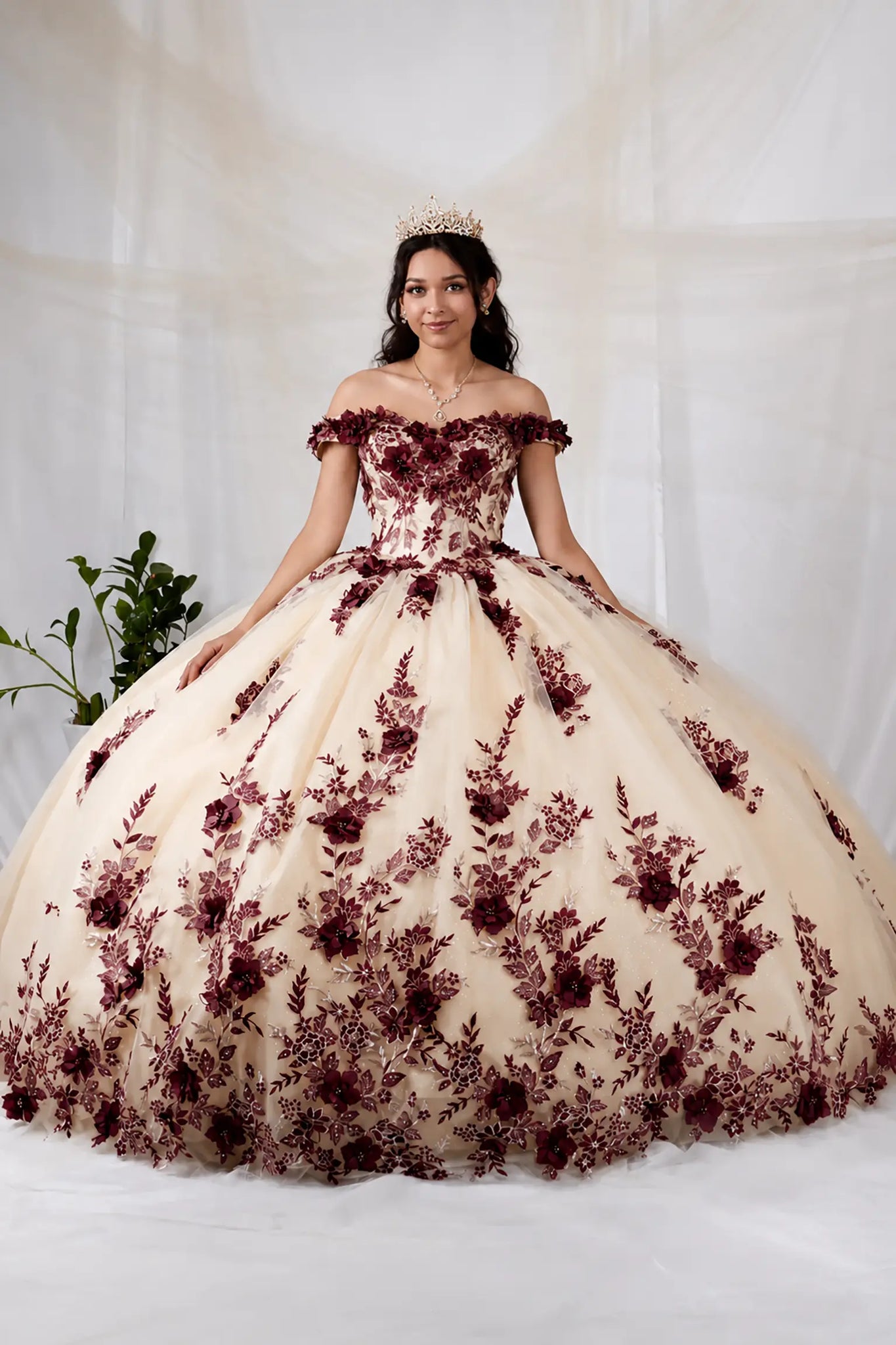 burgundy floral dress for wedding Champagne Quinceañera Ball Gown with 3D Bodice XS / Champagne Button-Down Collar Black Shirt Introducing the Fleur Floral Cecelia TROUSER WAIST SIZE:44 INCH WAIST | REGULAR LENGTH