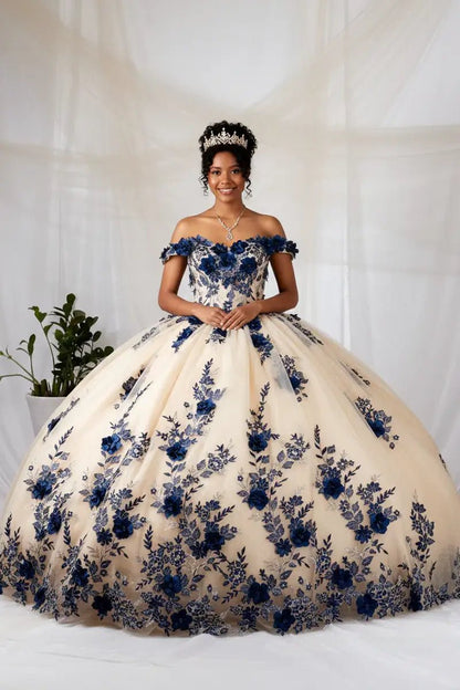 Front-Facing of a woman wearing Champagne and burgundy ball gown with two-tone styling off-shoulder floral bodice and detailed 3D flower embellishments